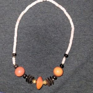 White shell and orangish-tanish-brown wood beads 18in necklace